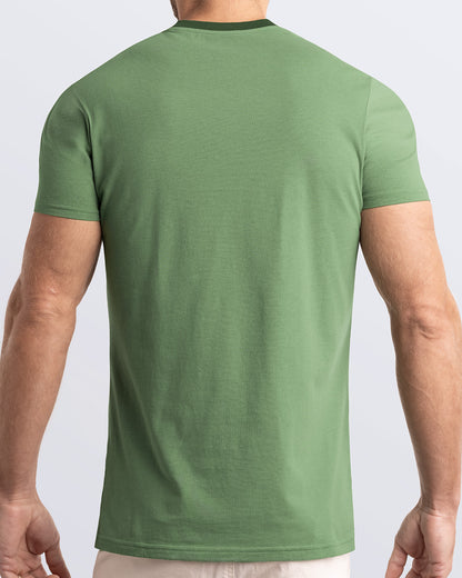 Back view of a green men's t-shirt with a striking dark green collar, made from soft, durable and breathable Pima cotton. Part of the DC2 Miami men's streetwear and beachwear collection, ideal for casual summer outfits