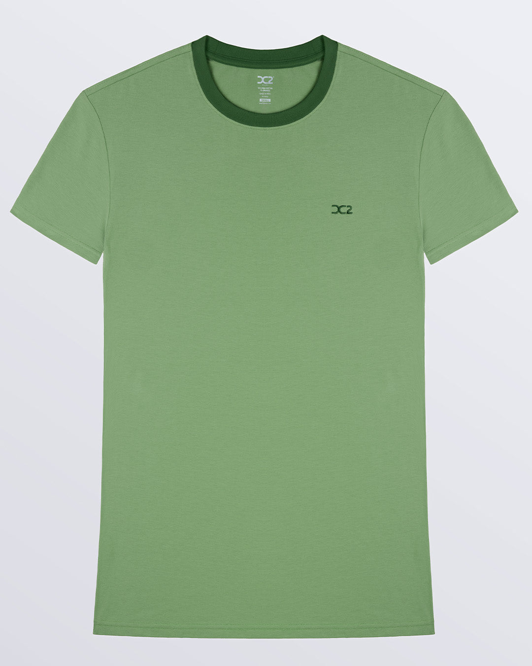 The men's premium solid green RING IT ON GREEN Pima cotton t-shirt with a contrasting dark green collar and embroidered DC2 logo. Perfect for a modern casual look, this streetwear tee is part of the DC2 Miami men's beachwear collection, designed for comfort and style.