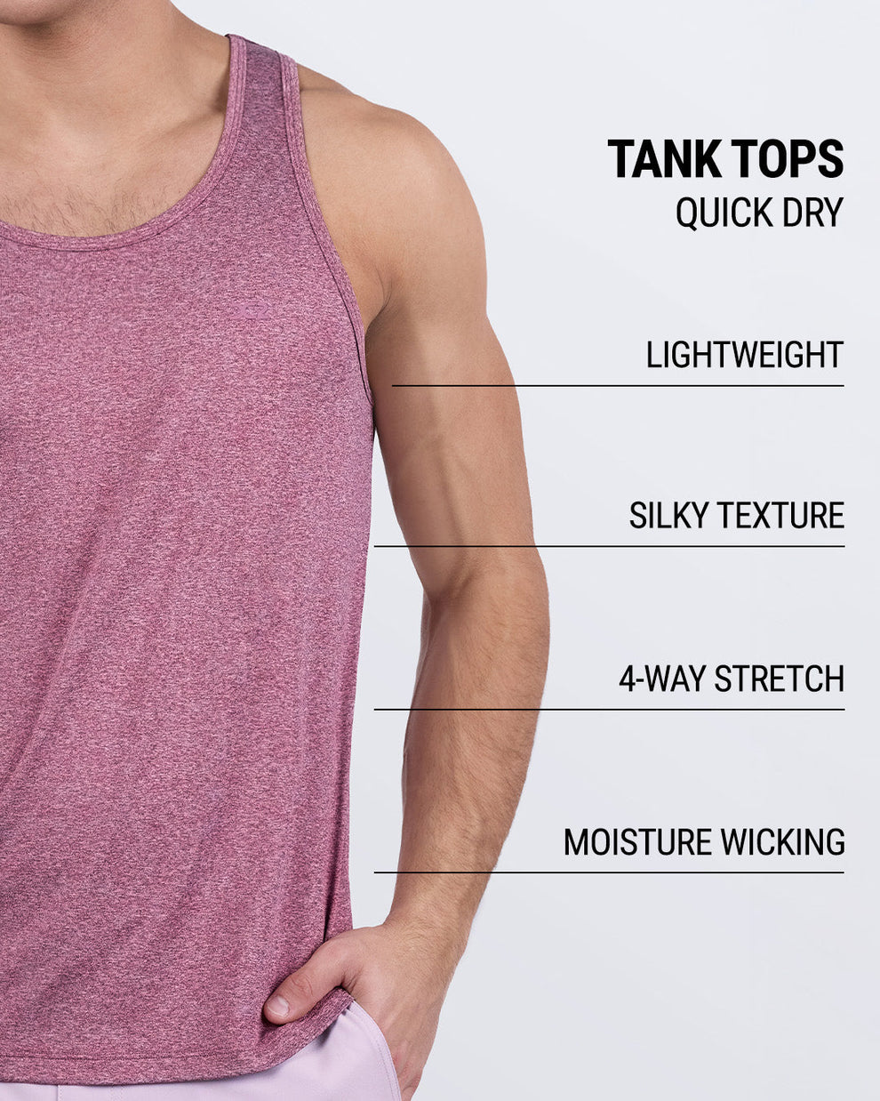 Close-up of RIPPED CRIMSON men’s fitness tank top highlighting key features: lightweight, silky texture, 4-way stretch, moisture-wicking, and quick-dry design for activewear.