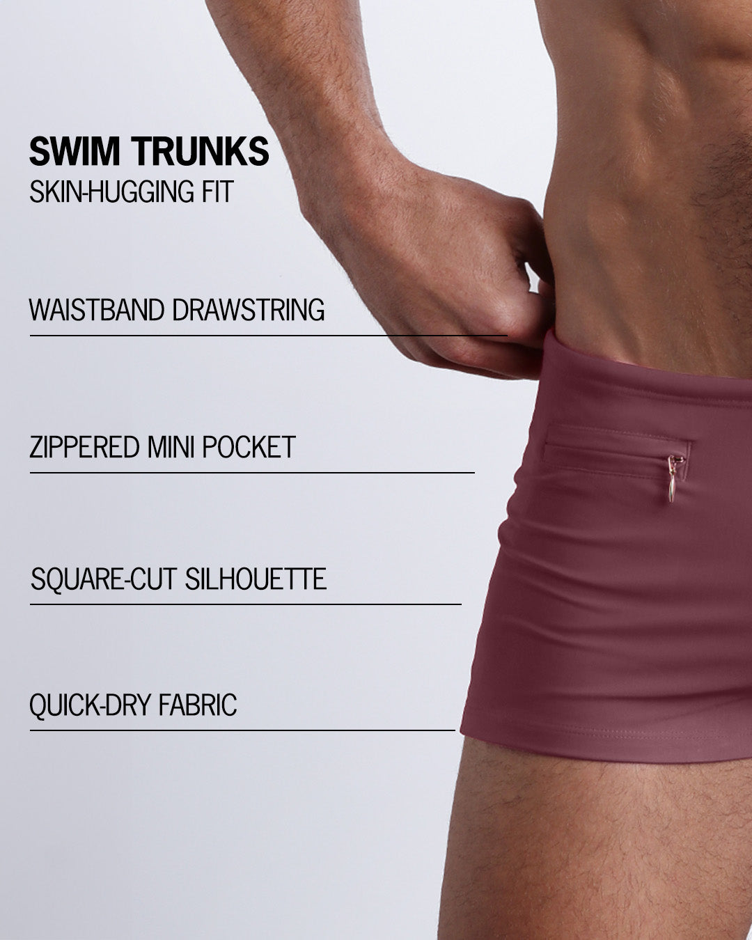 Product details graphic of SANDBAR RED Swim Trunks — showcasing waistband drawstring, zippered mini pocket, square-cut silhouette, and quick-dry fabric.