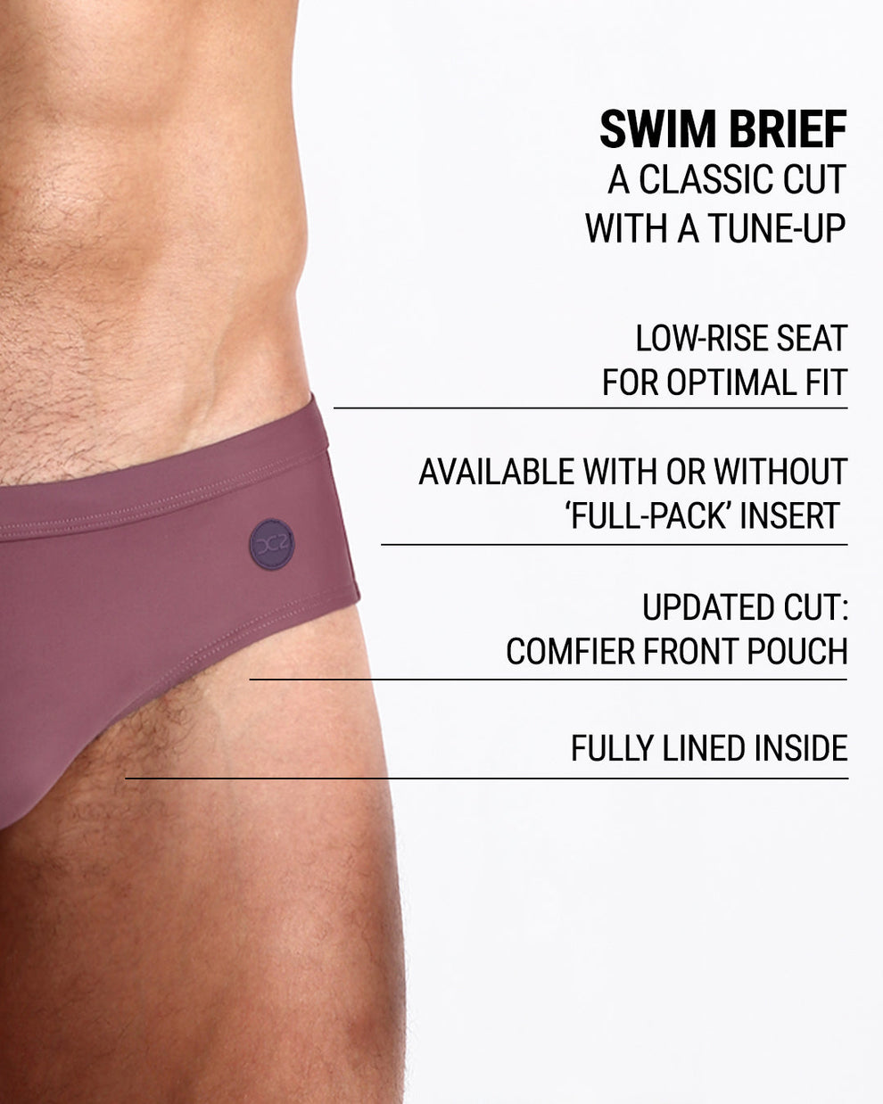 Product feature graphic of SANDBAR RED swim briefs — showcasing low-rise cut, seamless pouch, and anatomical shaping.