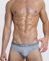 DC2 SAY MY NAME Modal Brief — model wearing grey men’s underwear with elastic logo waistband.