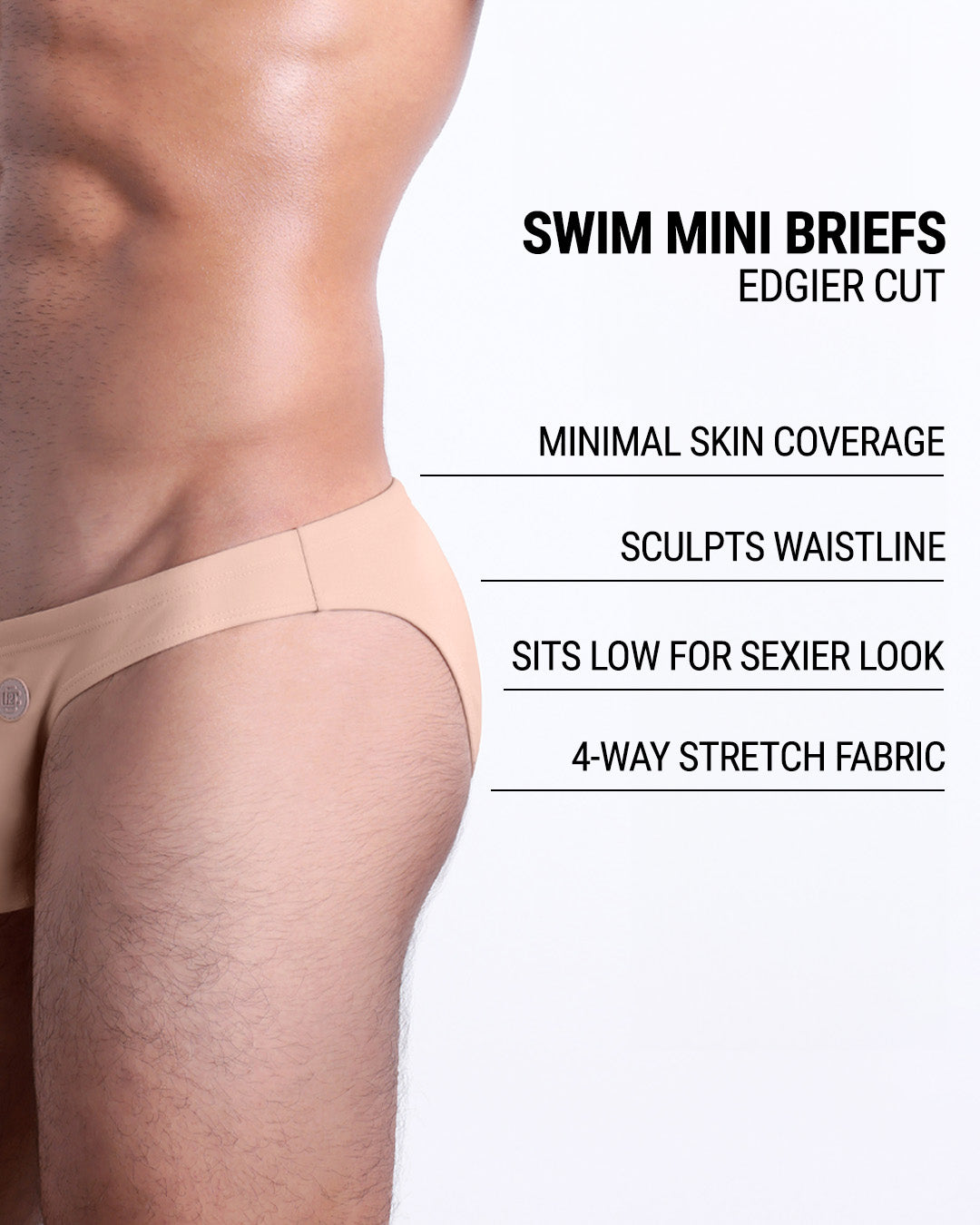 Infographic explaining the edgier cut of the Swim Mini Briefs. Features sculpt waitline, 4-way stretch fabric, sits low for sexier look, and has quick-dry material.