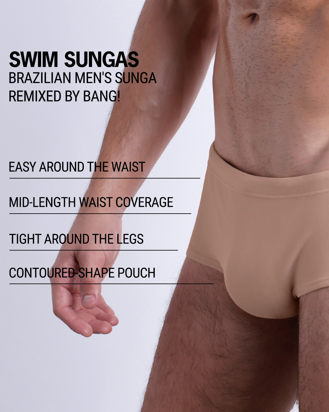 Infographic explaining the Brazilian Men's Swim Sunga remixed by BANG! These Swim Sunga are easy around the waist, are mid-length waist coverage, are tight aroung the legs, and have contoured-shape pouch.