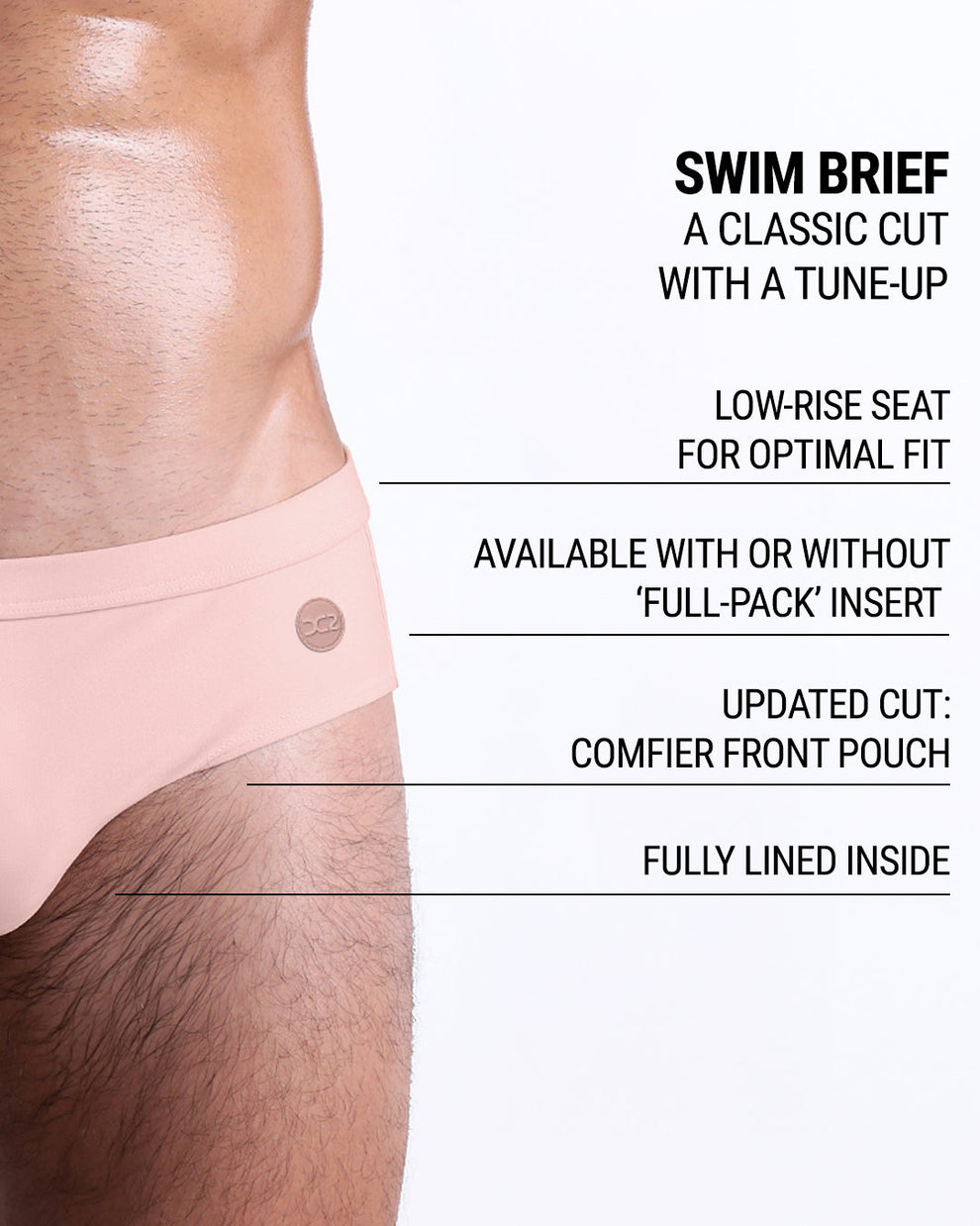 DC2 Skinny Dip (Fair/Naked Pink) Swim Brief — product graphic highlighting updated pouch, low-rise seat, and optional 'Full-Pack' insert.