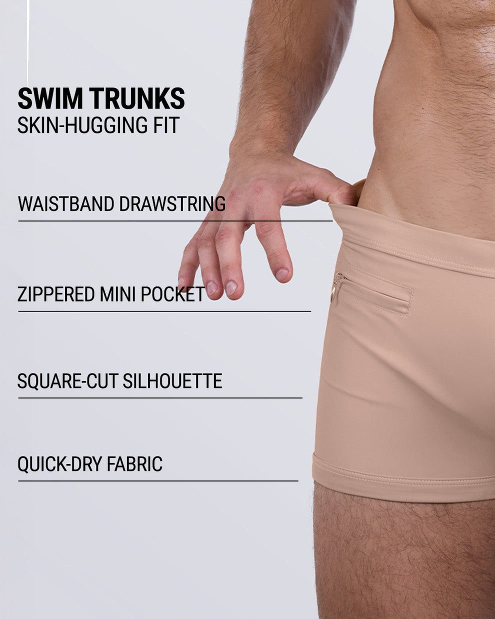 Close-up of DC2 Skinny Dip Trunks — text overlay highlighting drawstring waistband, zip pocket, and quick-dry fabric.
