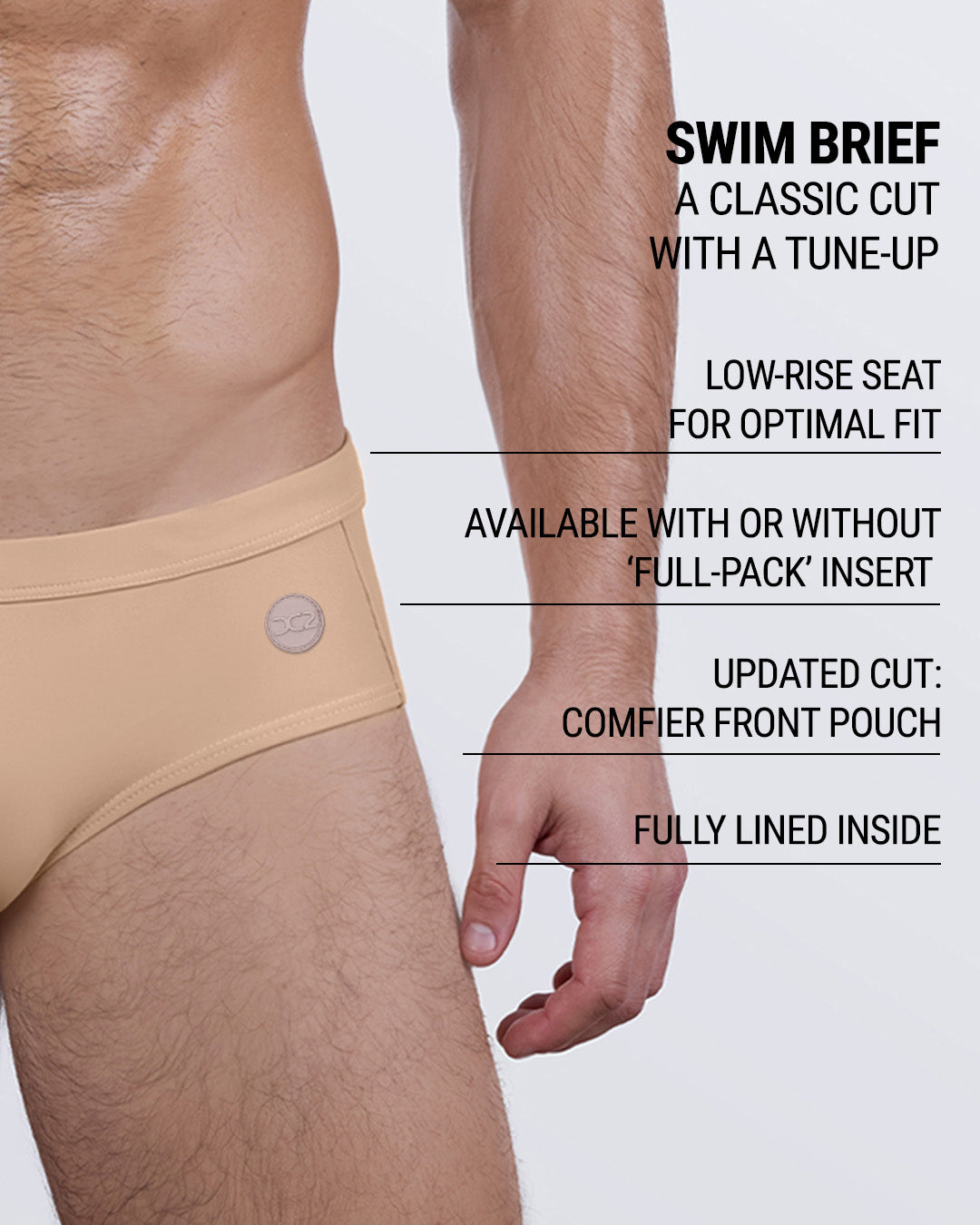 Infographic explaining the classic cut of a Swim Brief by DC2. These men swimsuit is low-rise seat for optimal fit, available with or without 'Full-Pack' insert, comfier front pouch, and fully lined inside.