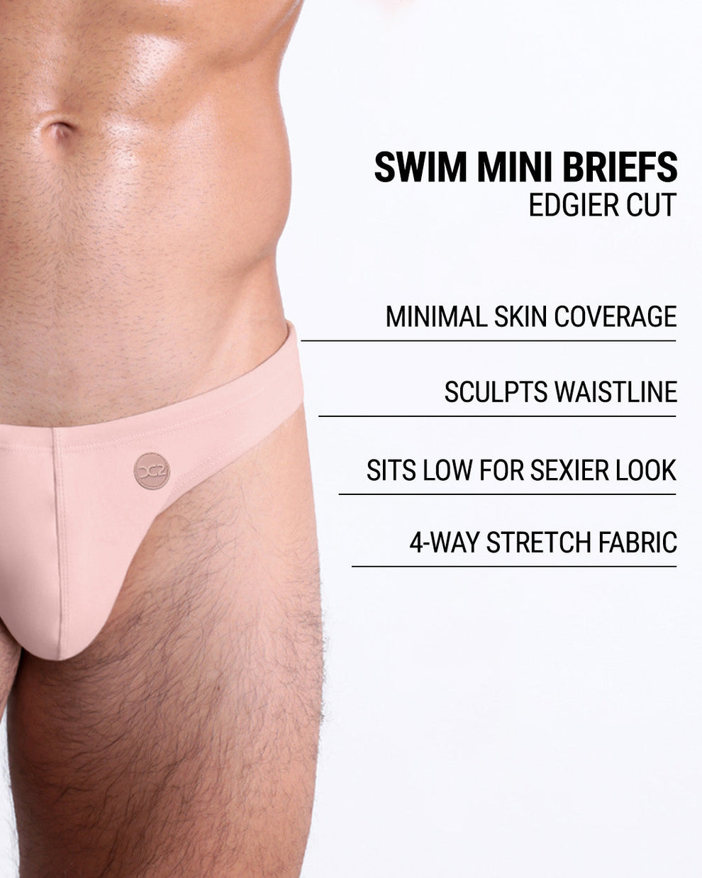 Product details graphic of Skinny Dip Swim Mini Briefs — showcasing nude-pink tone, edgy cut, and stretch comfort.