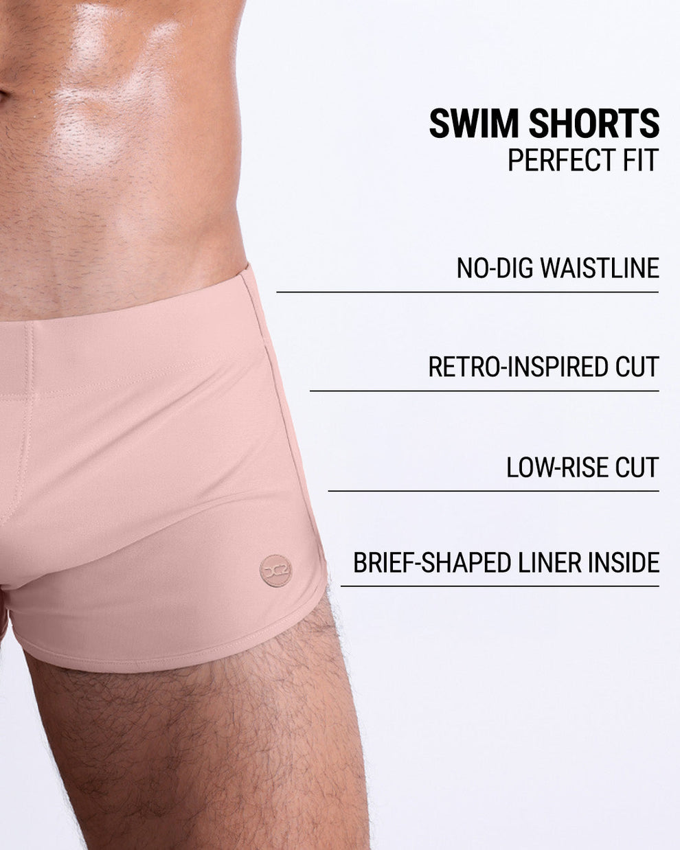 Product details graphic of Fair/Naked Pink Swim Shorts — highlighting no-dig waistline, retro cut, and inner brief liner.