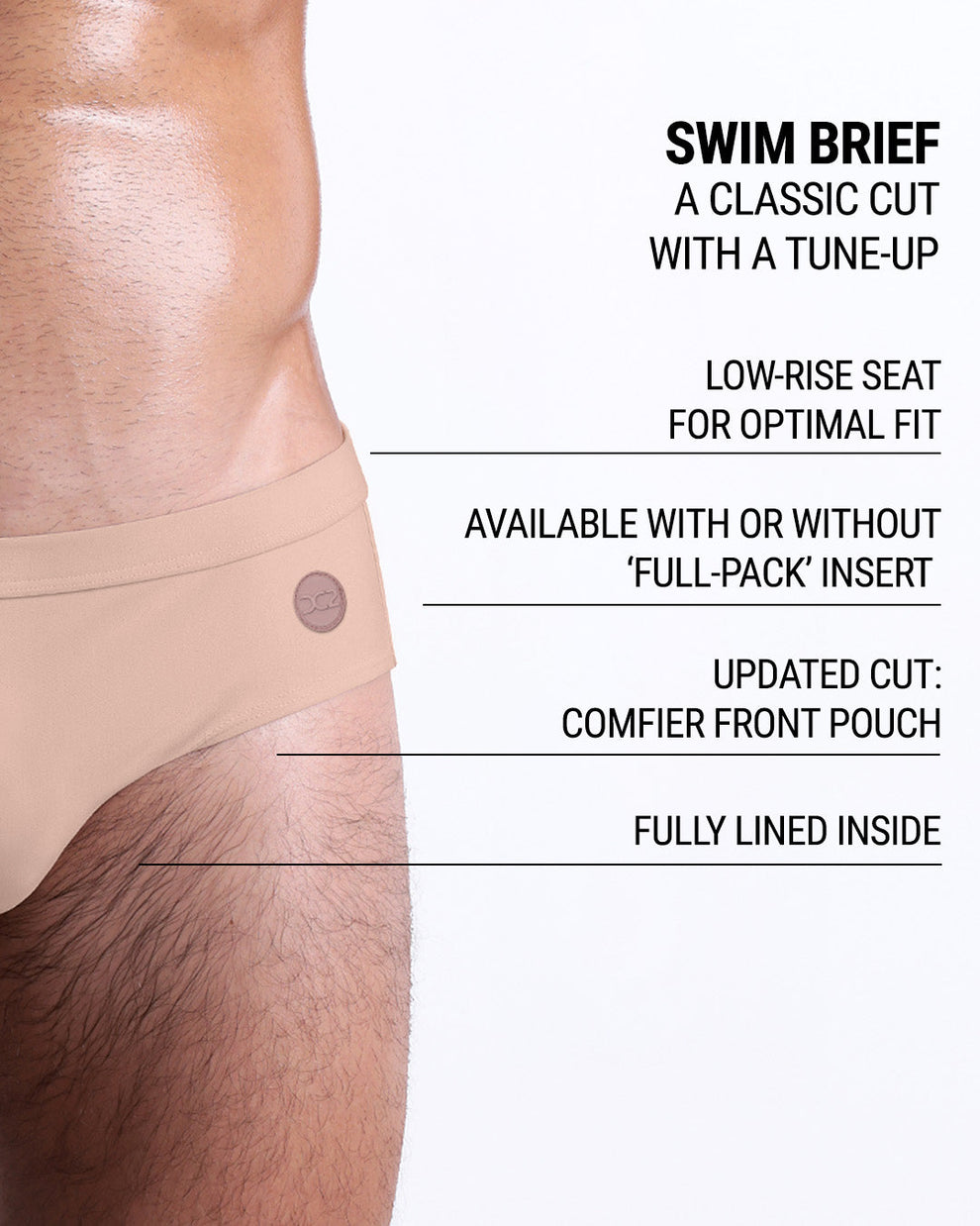Product details graphic of SKINNY DIP (LIGHT) swim briefs — showcasing low-rise fit, ‘Full-Pack’ option, and upgraded comfort pouch.