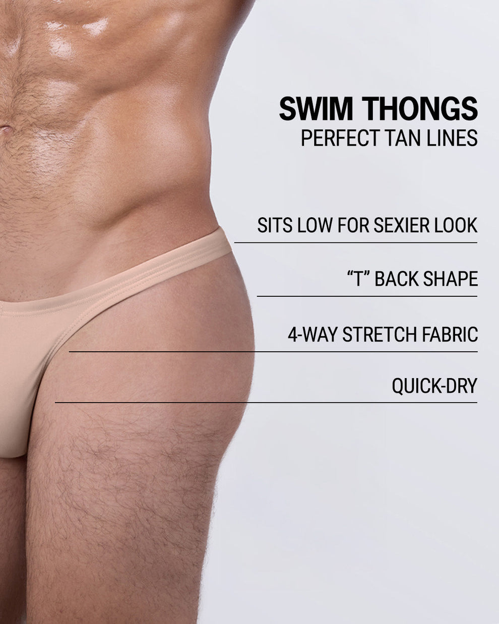 Features of DC2 BANG Skinny Dip Light men’s Swim Thong — low-rise, 4-way stretch fabric, quick-dry material, and perfect for summer tan lines.