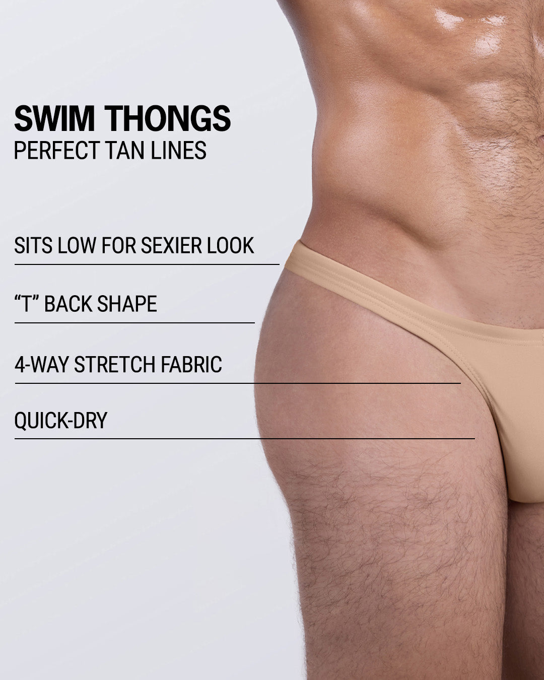 Close-up of DC2 BANG Skinny Dip (Medium) men's swim thong – nude-toned, quick-dry thong with 4-way stretch and perfect tan line design.