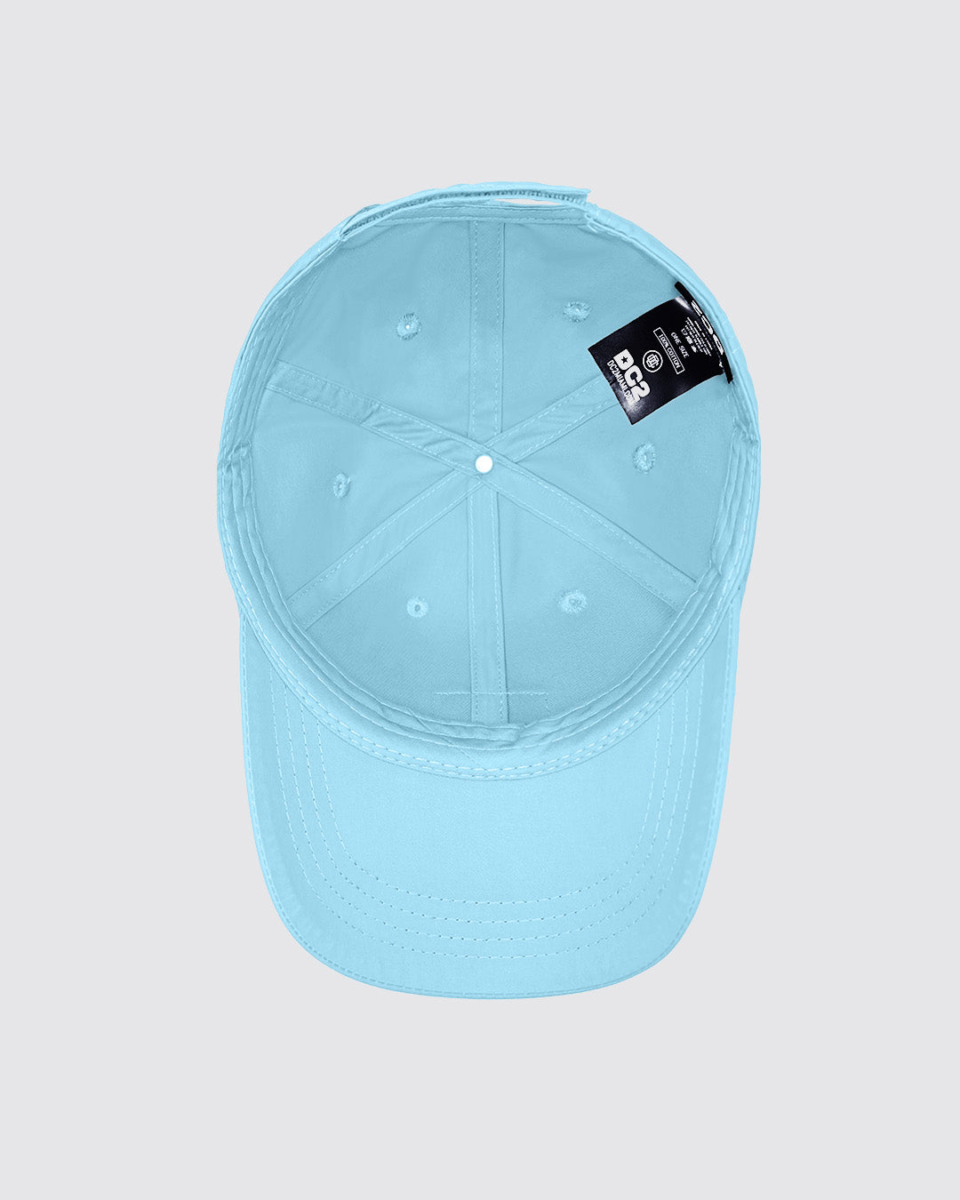 Overhead view of the inside of the SKY BLUE Chillax baseball cap. The cap is crafted from durable light sky blue fabric with a soft inner band for a comfortable fit. Visible stitching lines and a branded label from DC2 Miami, making it an ideal accessory for casual wear and street style.