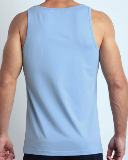 Back view of the SKY BLUE men's fitness breathable tank top made of modal cotton blend in a solid azure blue color by DC2 Miami menswear.