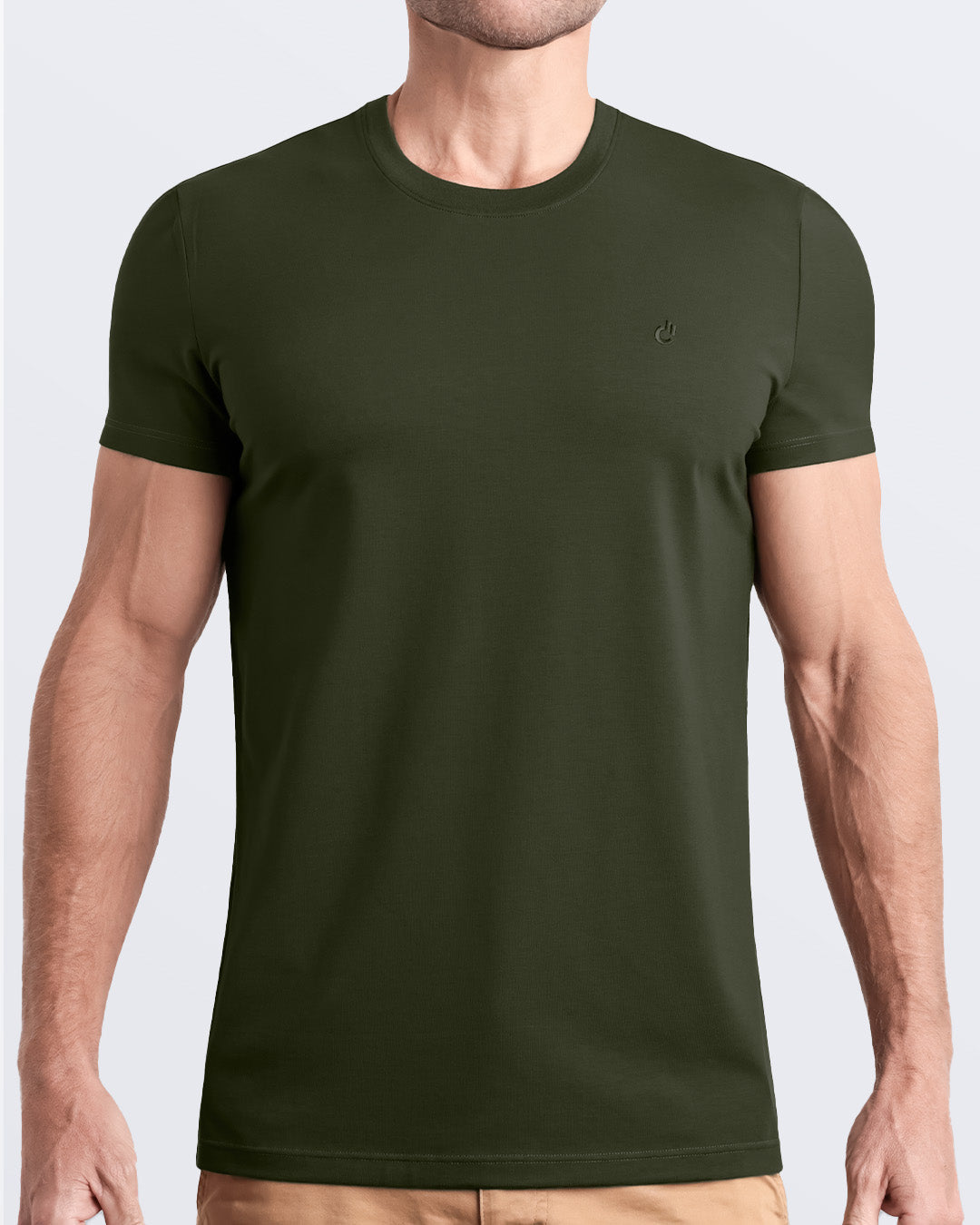 Frontal view of a male model wearing a solid green color modal cotton t-shirt with a bold red collar, crafted for stylish casual wear and beachwear by DC2 Miami. Premium quality men's streetwear t-shirt, perfect fit for summer fashion.