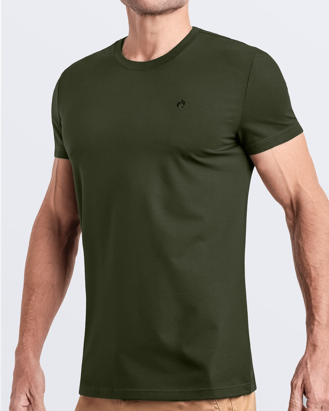 Side view of a men's premium forest green modal cotton t-shirt and embroidered DC2 logo. Perfect for a modern casual look, this streetwear tee is part of the DC2 Miami men's beachwear collection, designed for comfort and style.