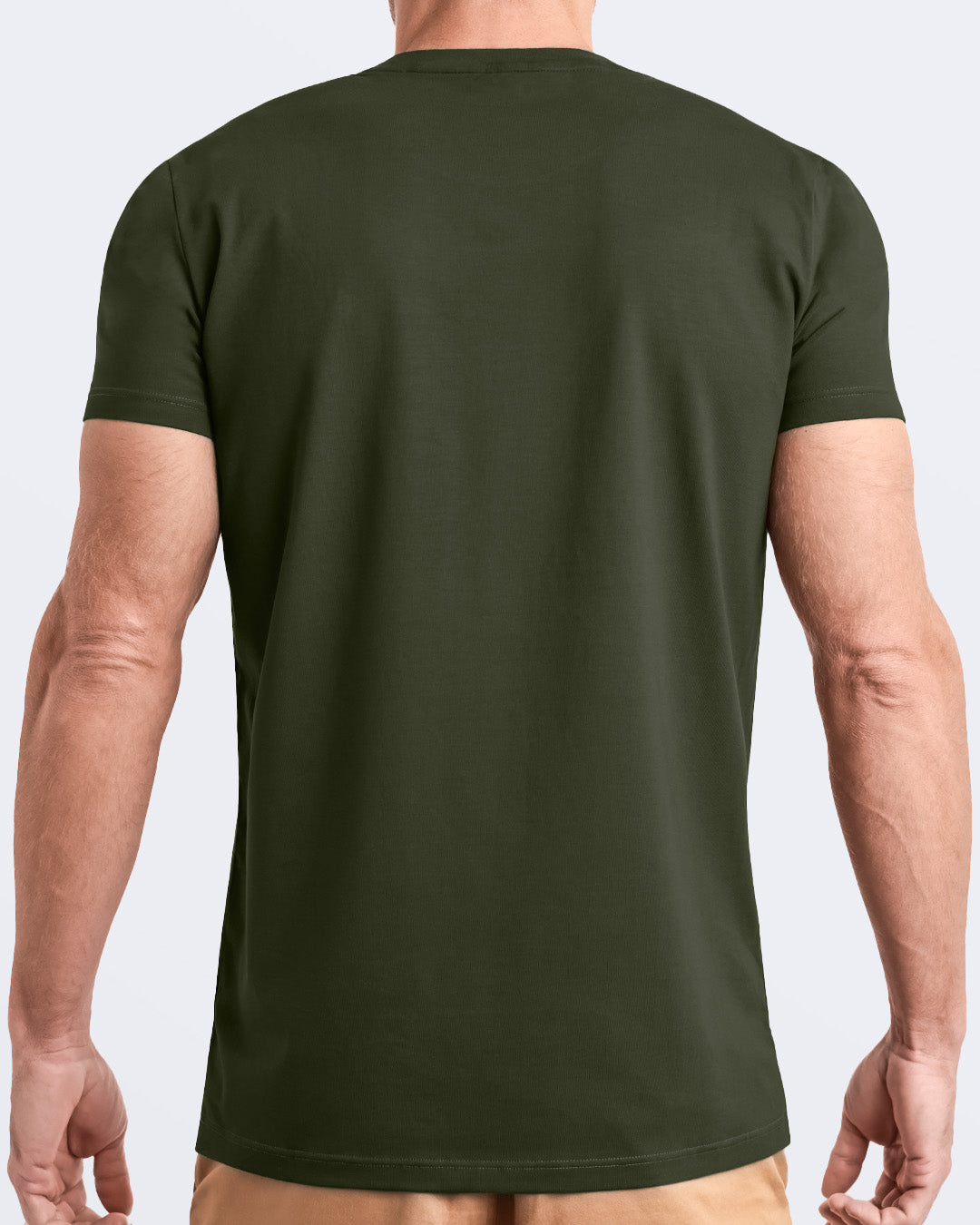 Back view of a dark green men's t-shirt, made from soft, durable and breathable modal cotton. Part of the DC2 Miami men's streetwear and beachwear collection, ideal for casual summer outfits