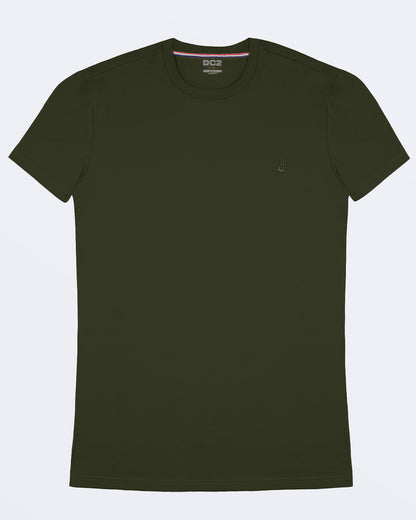 A solid green color modal cotton t-shirt with a bold red collar, crafted for stylish casual wear and beachwear by DC2 Miami. Premium quality men's streetwear t-shirt, perfect fit for summer fashion.