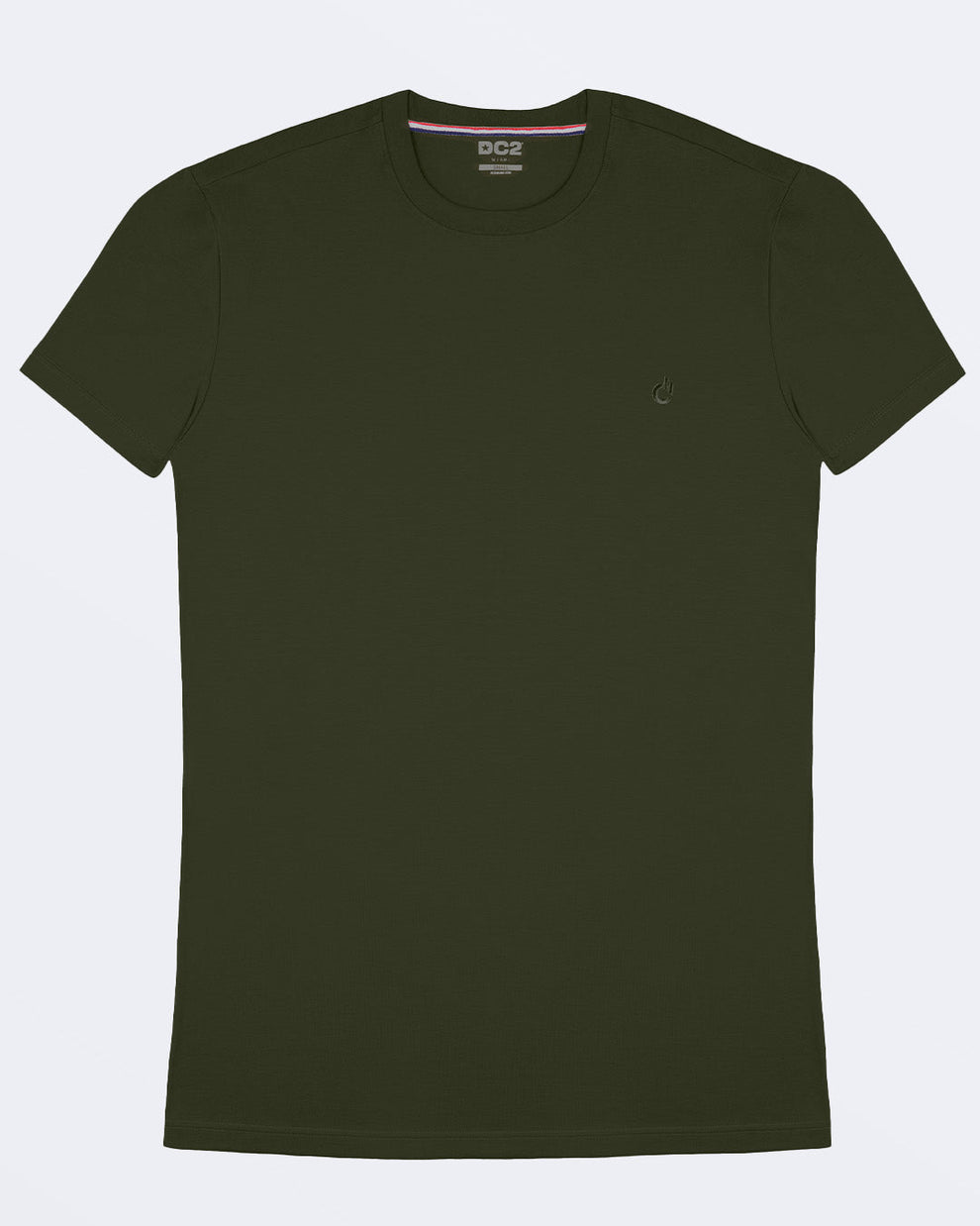 A model adjusting a green modal cotton t-shirt, showcasing the breathable, lightweight fabric ideal for summer beachwear and street style. Part of the DC2 Miami men's casual collection, featuring a perfect fit for active wear