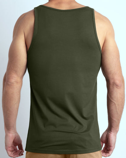 Back view of the SLICK GREEN men's fitness breathable tank top made of modal cotton blend in a green color by DC2 Miami menswear.