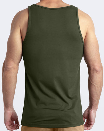 Back view of the SLICK GREEN men's fitness breathable tank top made of modal cotton blend in a green color by DC2 Miami menswear.