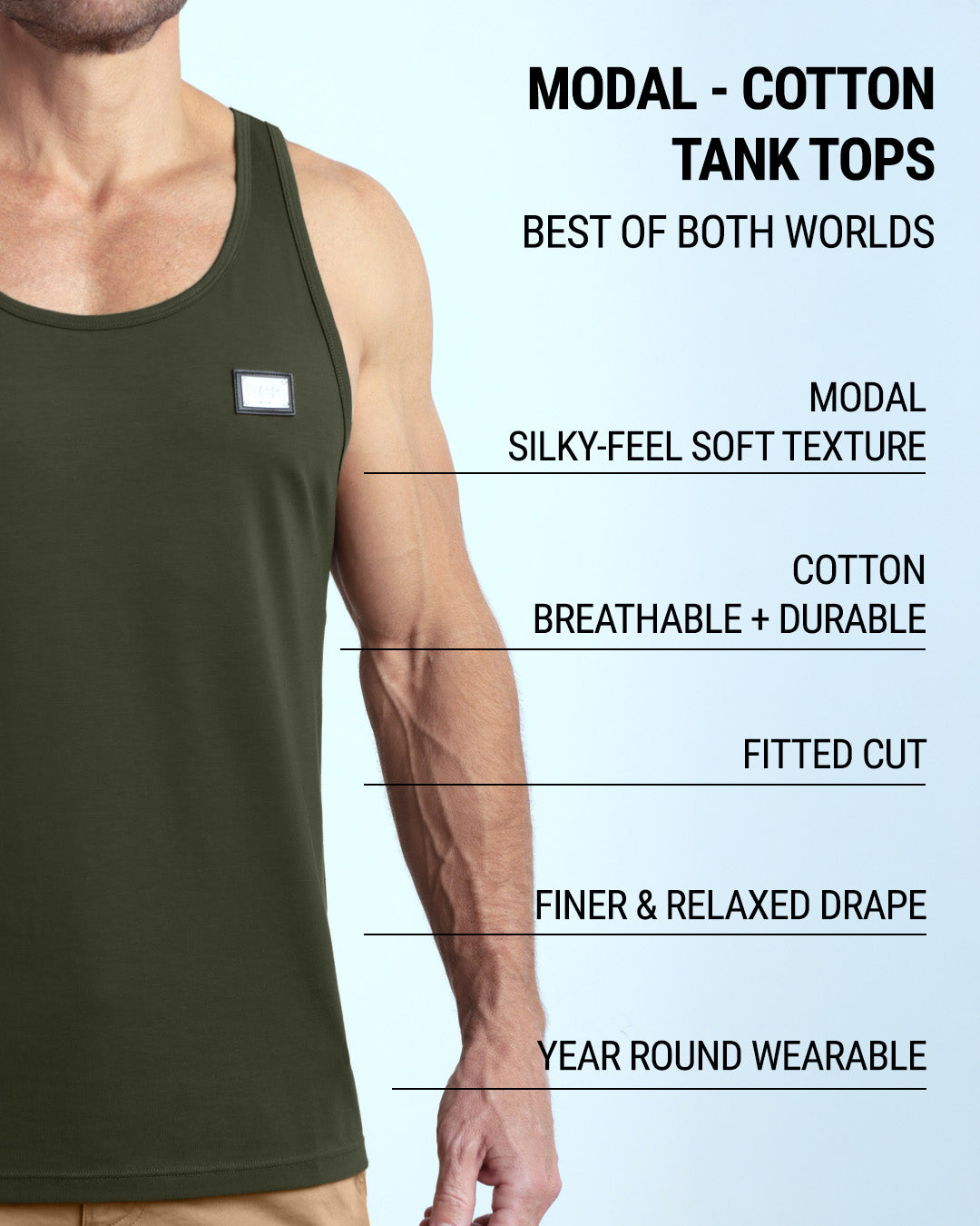 Infographic explaining the features of DC2 Miami's Modal Cotton Tank Tops. Highlights include a silky-feel soft texture from modal, breathable, and durable cotton, a fitted cut for a sleek look, a finer and relaxed drape, and versatility as a year-round wearable piece. The tank top combines the best of both worlds for comfort and style, ideal for gym wear and casual outfits.