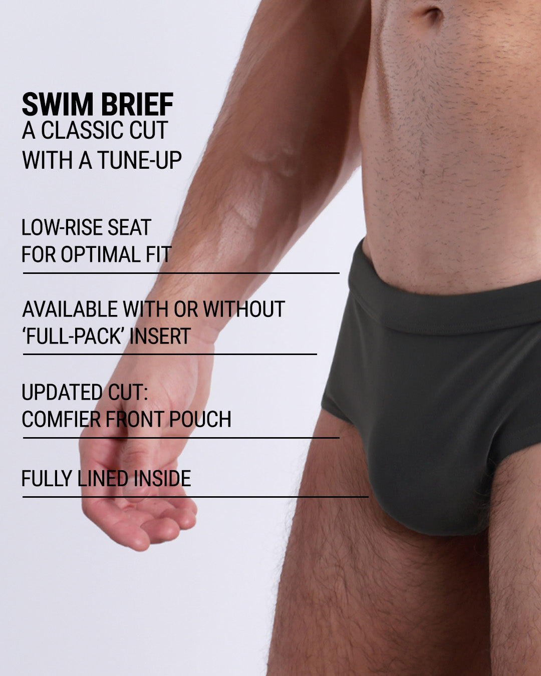 Infographic explaining the classic cut with a tune-up SLIM GREEN Swim Brief by DC2. These men swimsuit is low-rise seat for optimal fit, available with or without 'Full-Pack' insert, comfier front pouch, and fully lined inside.