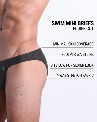 Infographic explaining the edgier cut of the Swim Mini Briefs. Features sculpt waitline, 4-way stretch fabric, sits low for sexier look, and has quick-dry material.