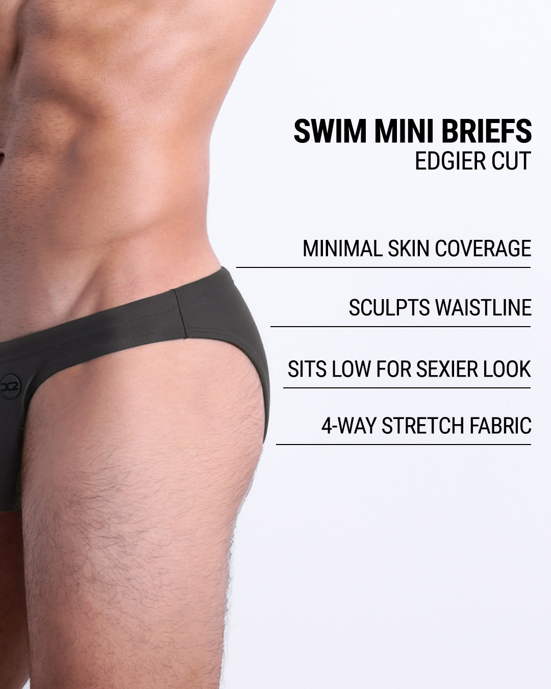 DC2 Slim Green Swim Mini Brief fit details — minimal skin coverage, low-rise sexy fit, sculpted waistline, and 4-way stretch fabric.