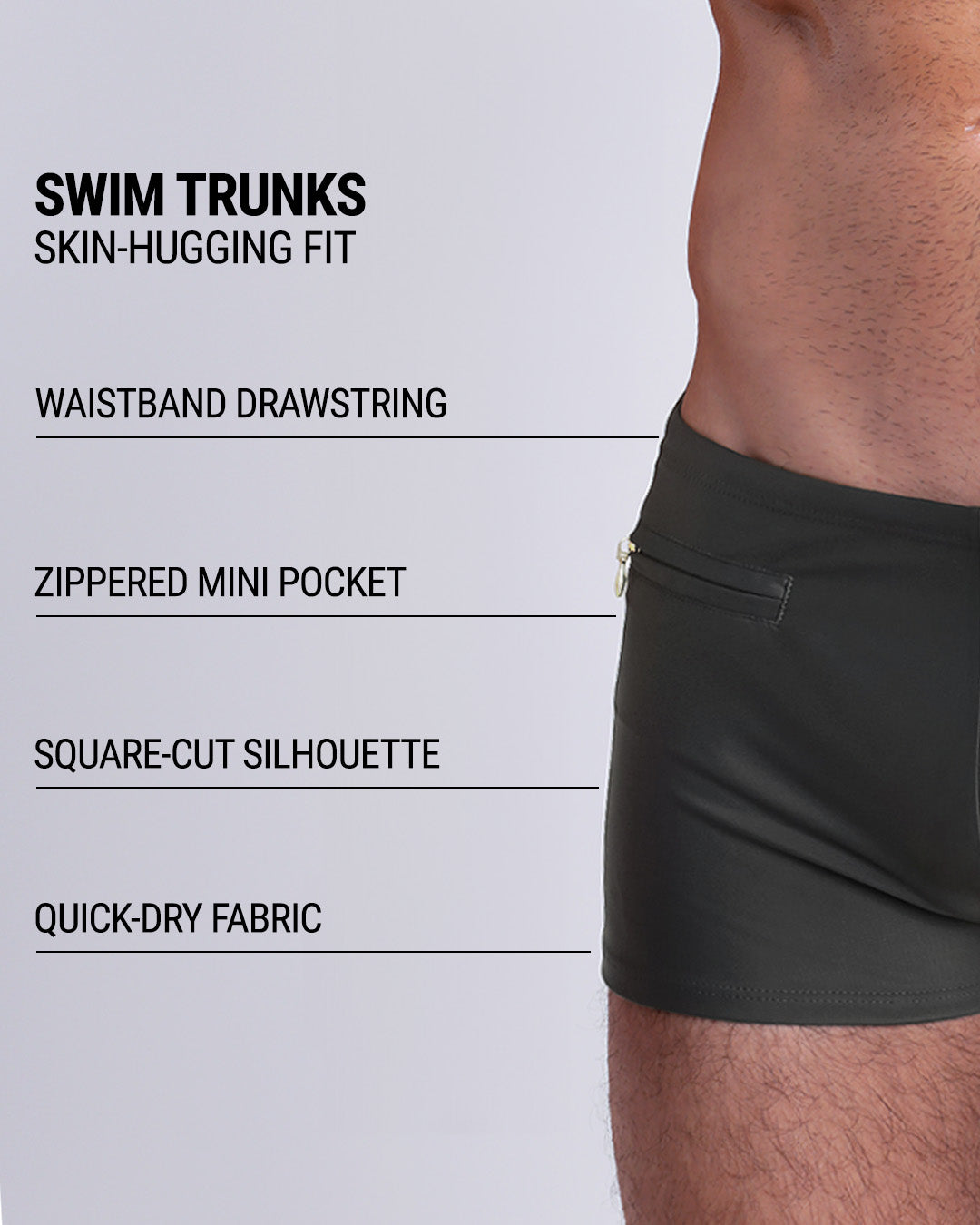 Infographic explaining the Swim Trunks swimming shorts by DC2. These Swim Trunks have a skin-hugging fit, have a waistband drawstring, zippered mini pocket, square-cut silhouette and quick-dry fabric.