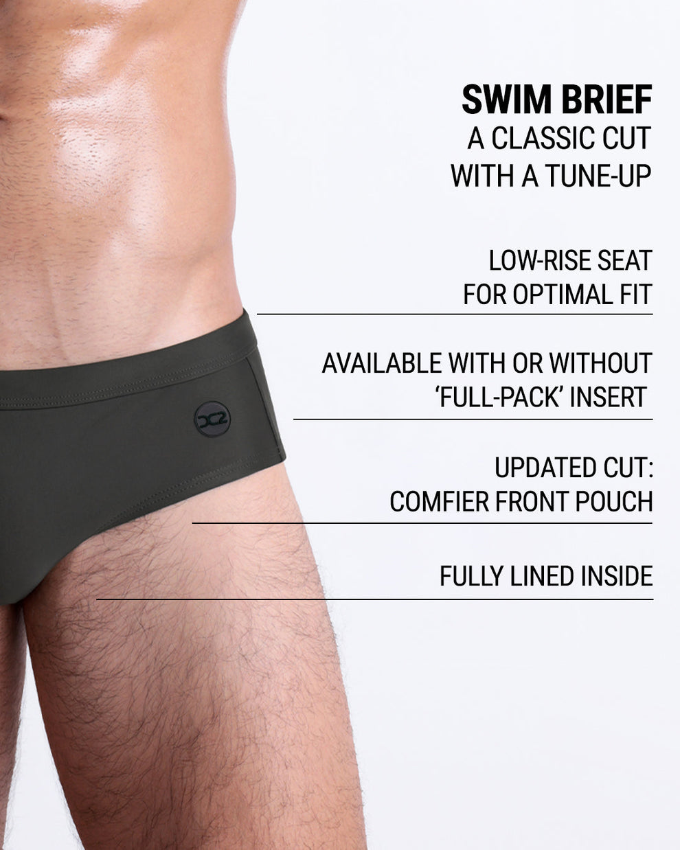 Product details graphic of DC2 SLIM GREEN Swim Briefs — showcasing low-rise seat, comfier front pouch, full lining, and optional ‘Full-Pack’ insert.