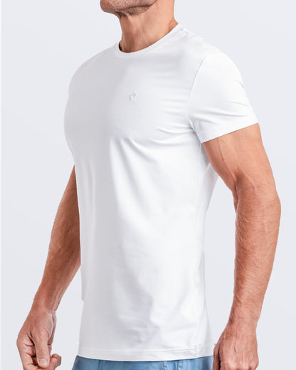 Side view of a men's premium white modal cotton t-shirt and embroidered DC2 logo. Perfect for a modern casual look, this streetwear tee is part of the DC2 Miami men's beachwear collection, designed for comfort and style.