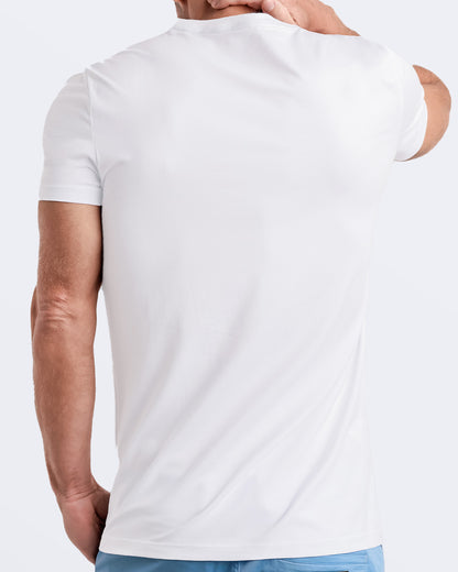 Back view of a white men's t-shirt, made from soft, durable and breathable modal cotton. Part of the DC2 Miami men's streetwear and beachwear collection, ideal for casual summer outfits.