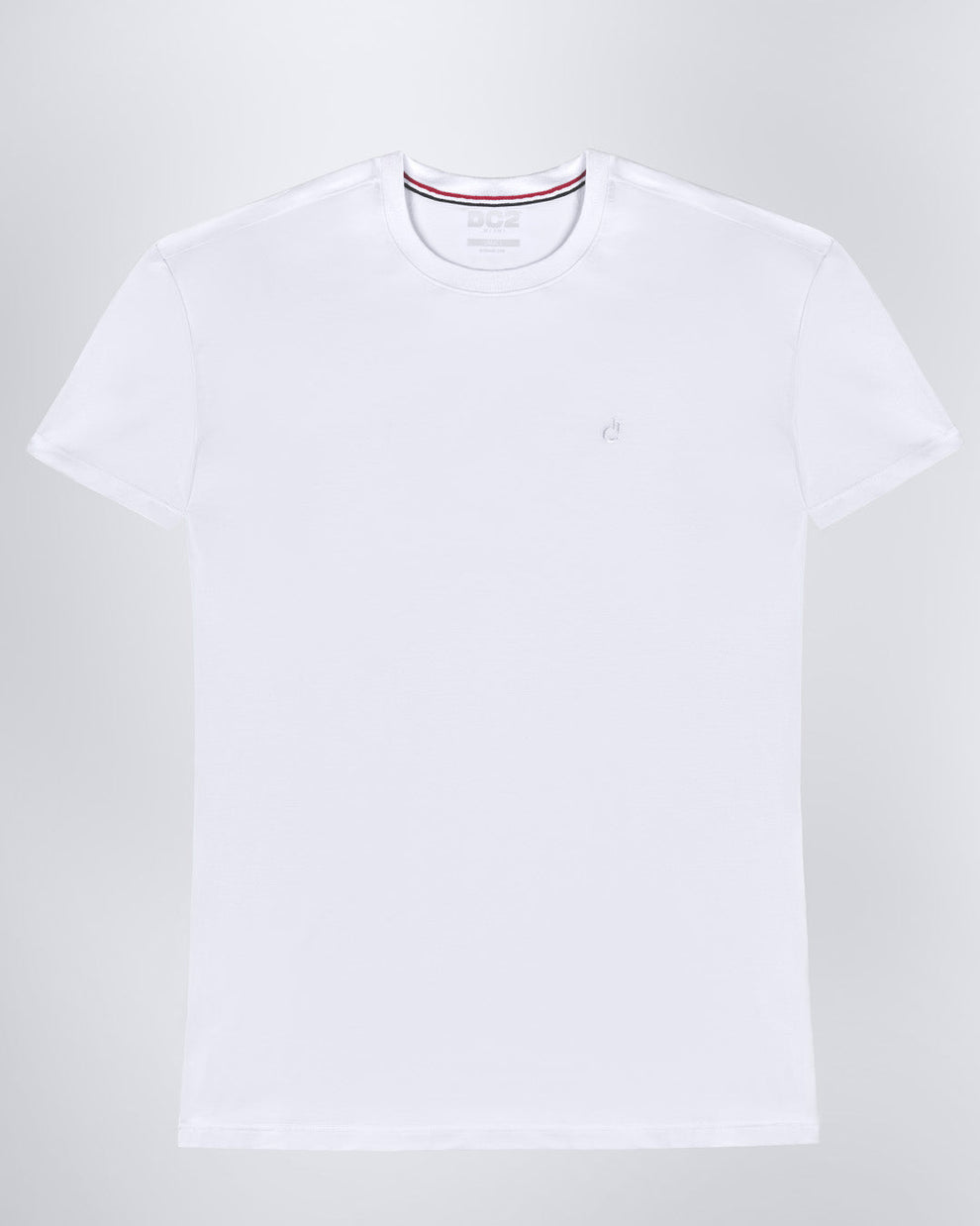 Frontal view of a male model wearing a solid white color modal cotton t-shirt, crafted for stylish casual wear and beachwear by DC2 Miami. Premium quality men's streetwear t-shirt, perfect fit for summer fashion.