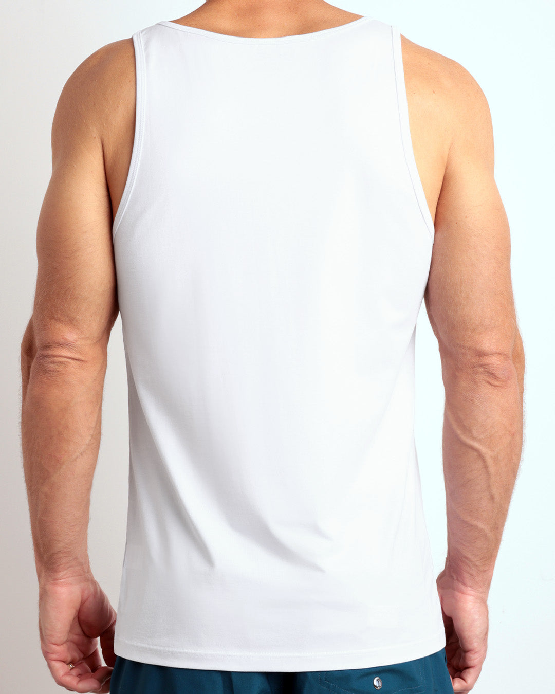 Back view of the SOFT WHITE men's fitness breathable tank top made of modal cotton blend in a solid white color by DC2 Miami menswear.