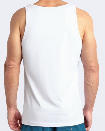 Back view of the SOFT WHITE men's fitness breathable tank top made of modal cotton blend in a solid white color by DC2 Miami menswear.