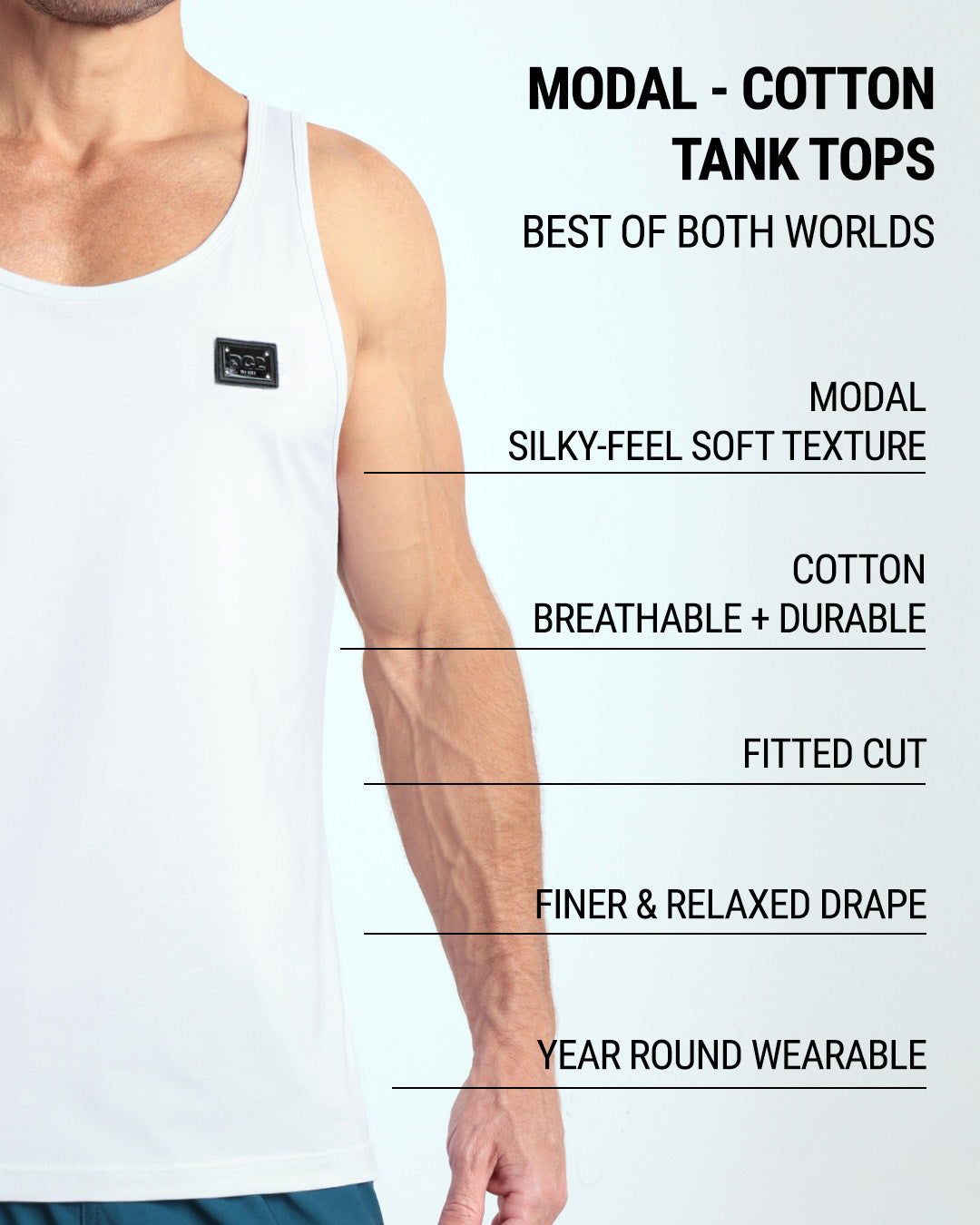 Infographic explaining the features of DC2 Miami's Modal Cotton Tank Tops. Highlights include a silky-feel soft texture from modal, breathable, and durable cotton, a fitted cut for a sleek look, a finer and relaxed drape, and versatility as a year-round wearable piece. The tank top combines the best of both worlds for comfort and style, ideal for gym wear and casual outfits.