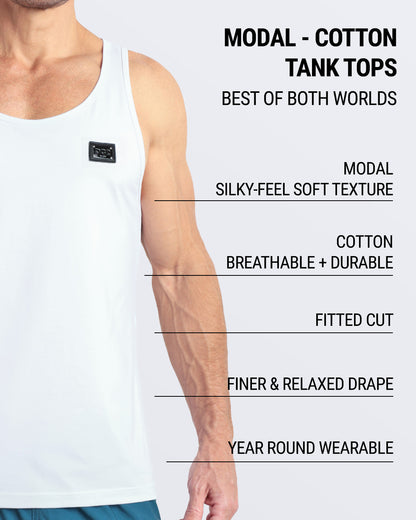 Infographic explaining the features of DC2 Miami's Modal Cotton Tank Tops. Highlights include a silky-feel soft texture from modal, breathable, and durable cotton, a fitted cut for a sleek look, a finer and relaxed drape, and versatility as a year-round wearable piece. The tank top combines the best of both worlds for comfort and style, ideal for gym wear and casual outfits.