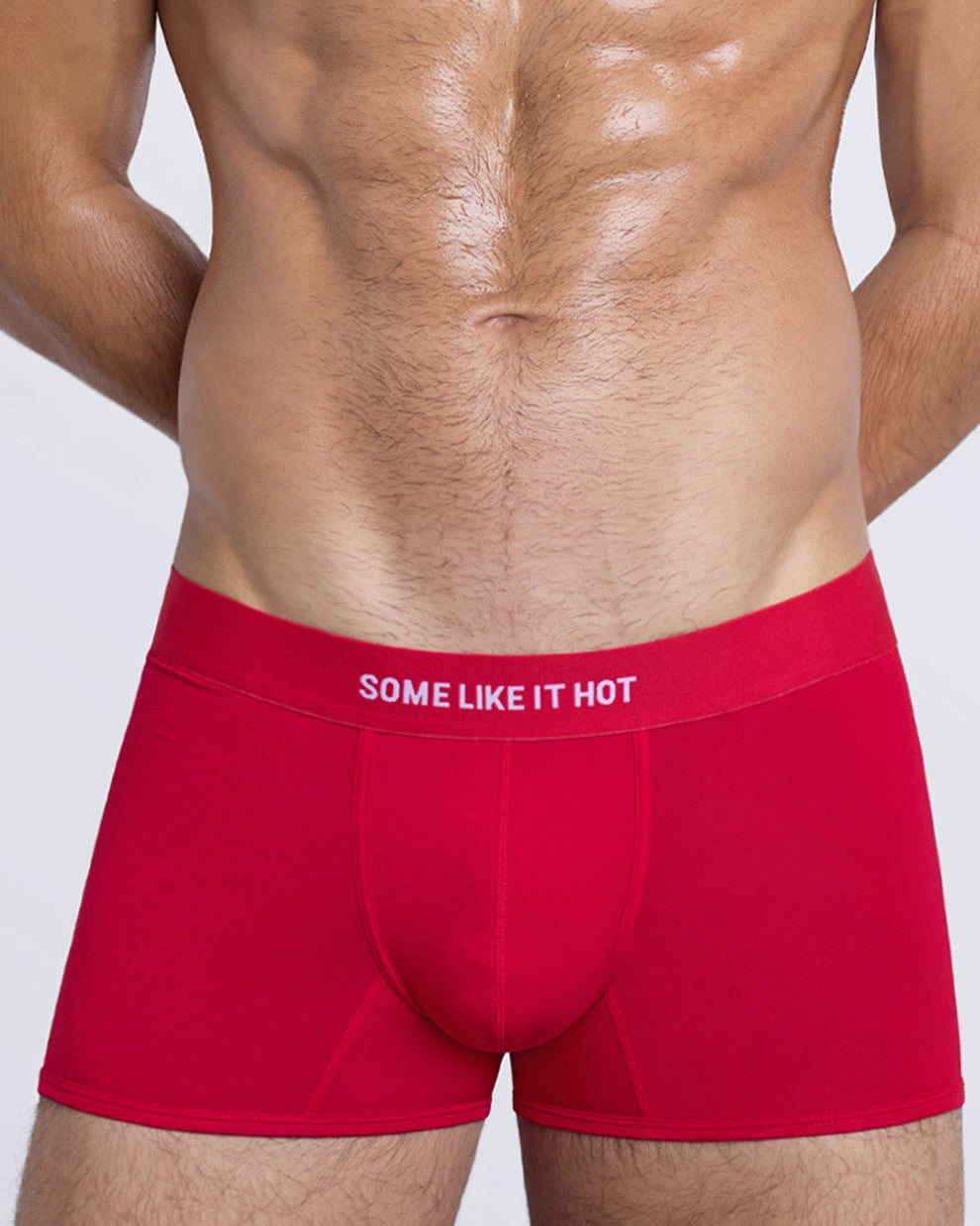 DC2 SOME LIKE IT HOT Boxer Brief — close-up of red men’s modal boxer briefs with contoured pouch design.