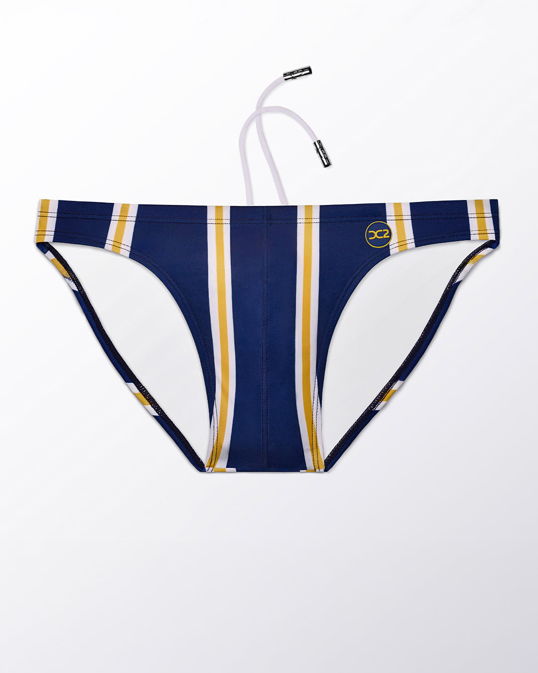 Ghost flat lay of the Sun Chasing Stripes Swim Mini Brief, showcasing the striped print and low-rise mini brief silhouette.