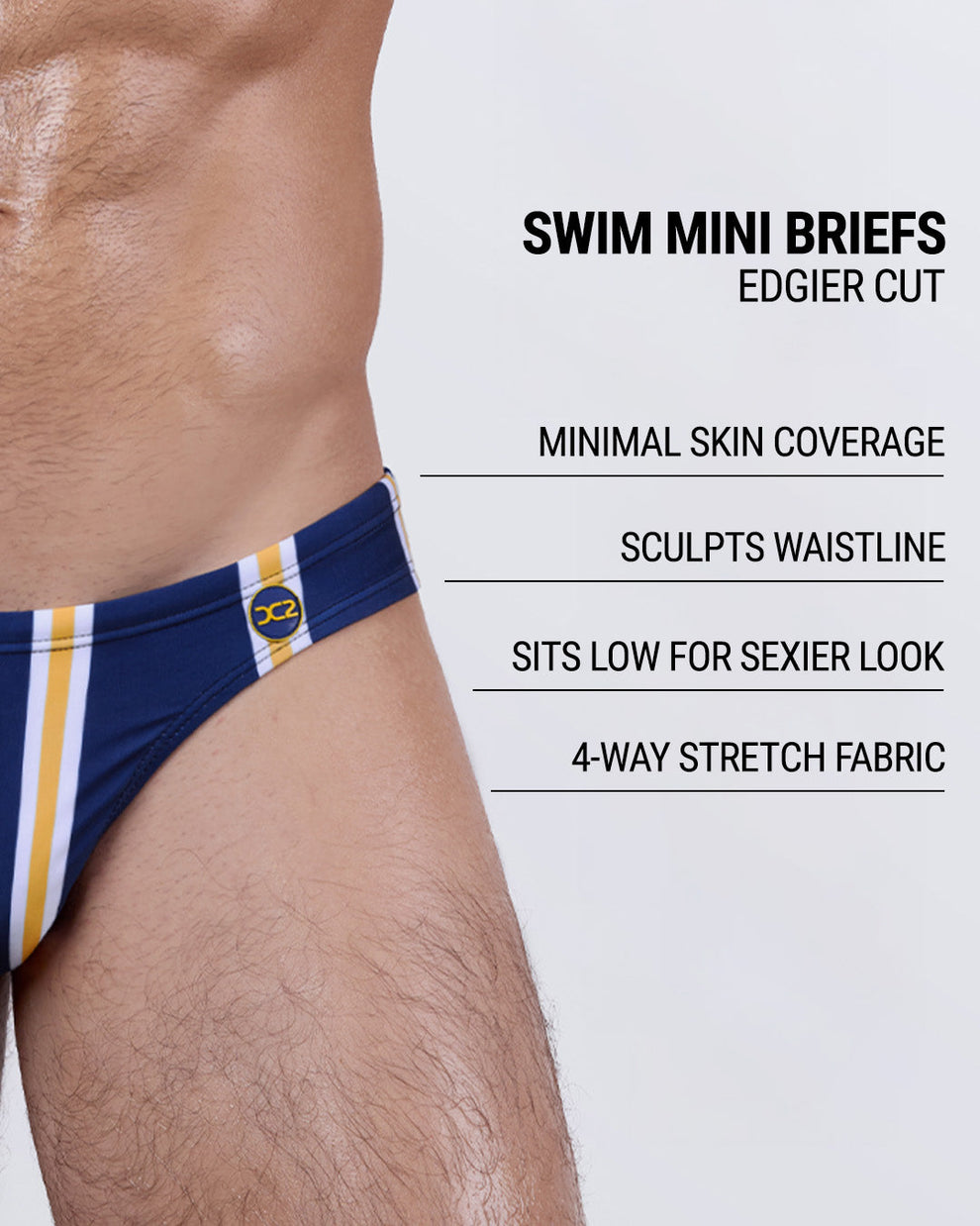Infographic explaining the edgier cut of the Swim Mini Briefs. Features sculpt waistline, 4-way stretch fabric, sits low for sexier look, and has quick-dry material.