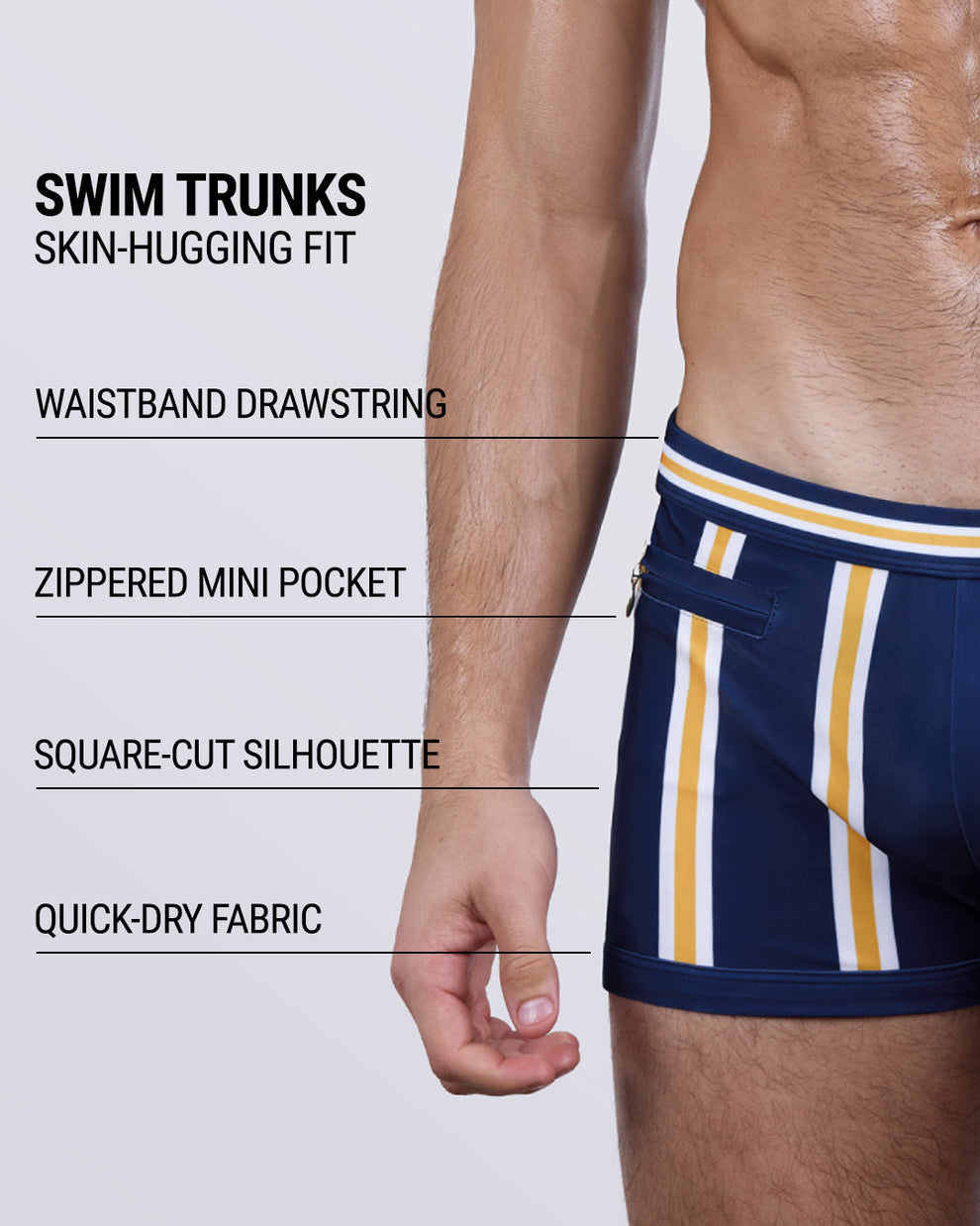 Infographic showing features of SUN CHASING STRIPES men's swim trunks: form-fitting square-cut silhouette, mini zippered pocket, quick-dry fabric, and a structured waistband with drawstring support.