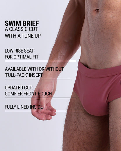 Infographic explaining the classic cut with a tune-up SUNKISSED RED Swim Brief by DC2. These men swimsuit is low-rise seat for optimal fit, available with or without 'Full-Pack' insert, comfier front pouch, and fully lined inside.