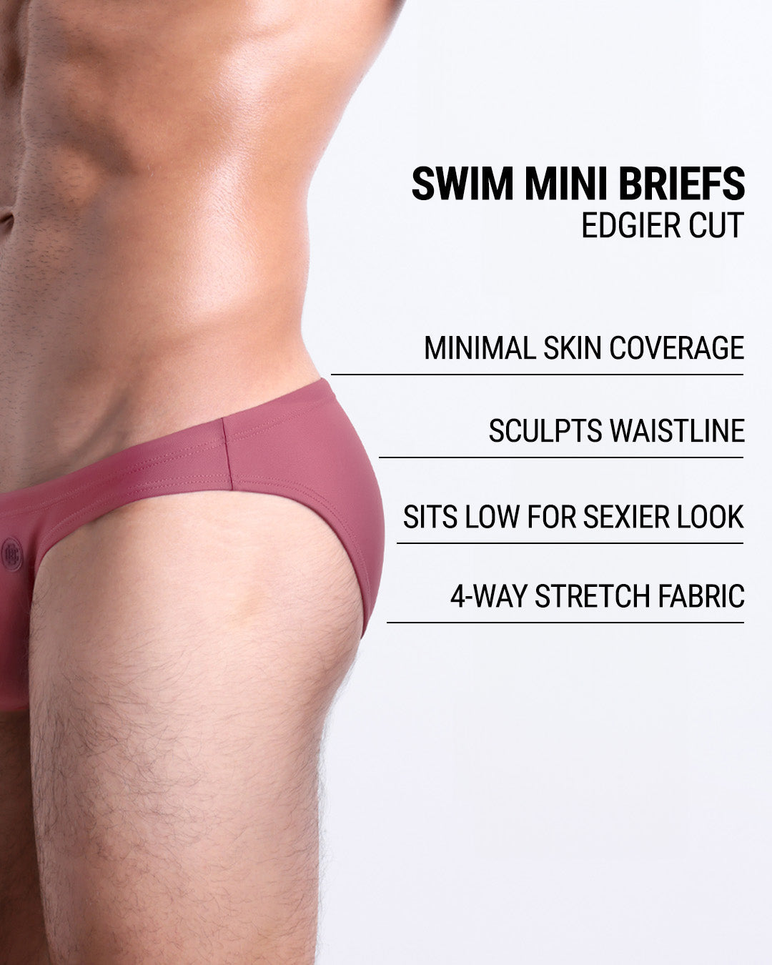 Infographic explaining the edgier cut of the Swim Mini Briefs. Features sculpt waitline, 4-way stretch fabric, sits low for sexier look, and has quick-dry material.