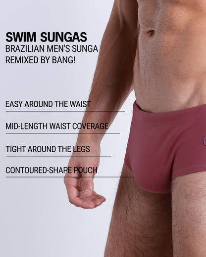 Infographic explaining the Brazilian Men's Swim Sunga remixed by BANG! These Swim Sunga are easy around the waist, are mid-length waist coverage, are tight aroung the legs, and have contoured-shape pouch.