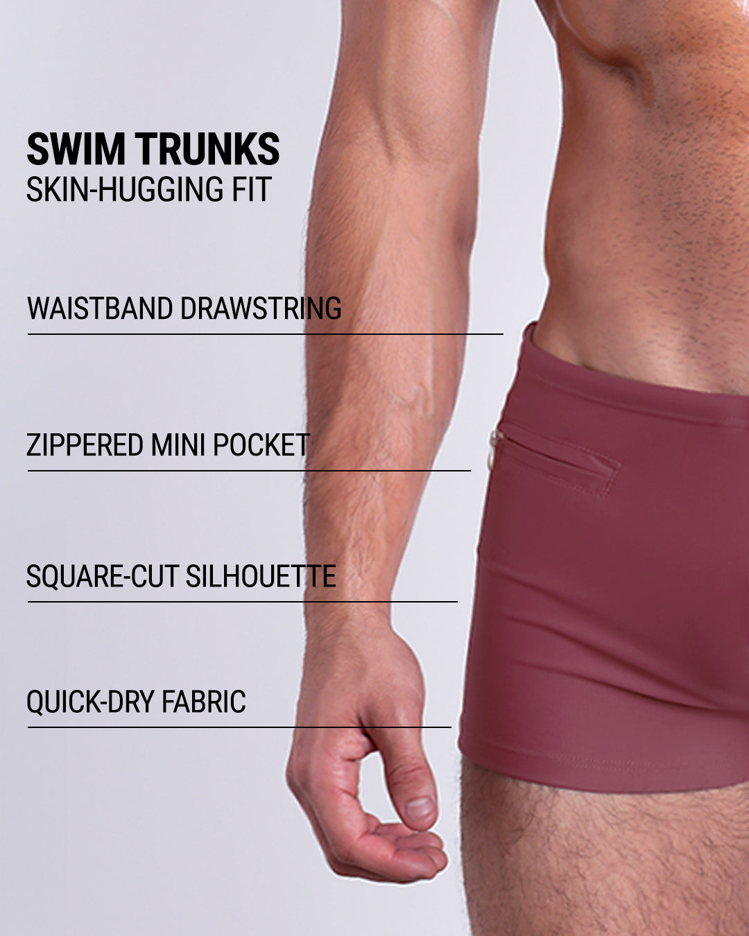 Infographic explaining the Swim Trunks swimming shorts by DC2. These Swim Trunks have a skin-hugging fit, have a waistband drawstring, zippered mini pocket, square-cut silhouette and quick-dry fabric.