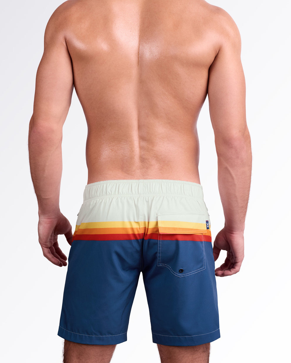 DC2 Miami Sunset Stripes Flex Boardshorts — back view highlighting elastic waistband, rear flap pocket, and horizontal stripe detail in yellow, orange, and red.
