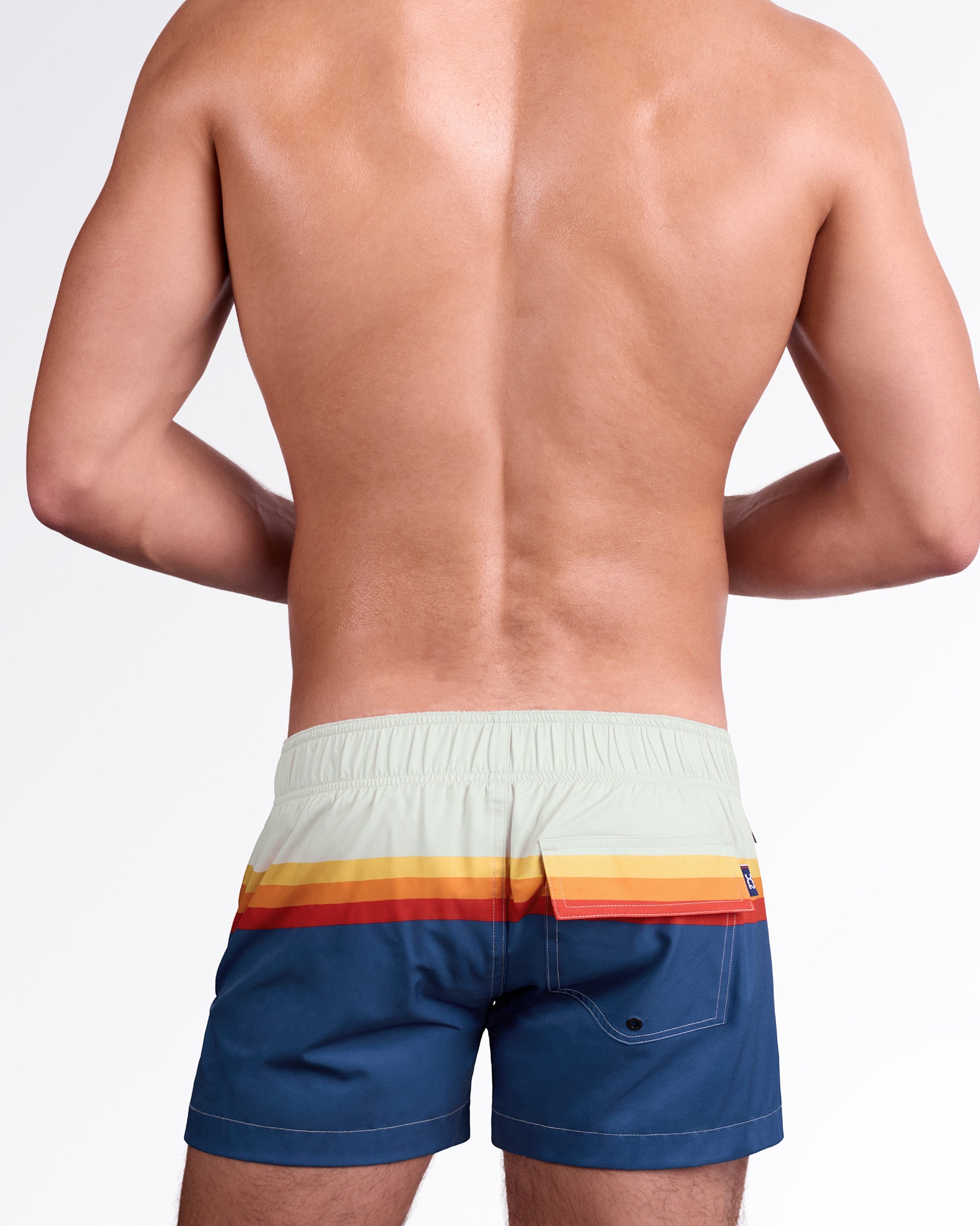 DC2 Miami Sunset Stripes Flex Shorts — back view highlighting elastic waistband, rear flap pocket, and horizontal sunset stripe detail across the waist.