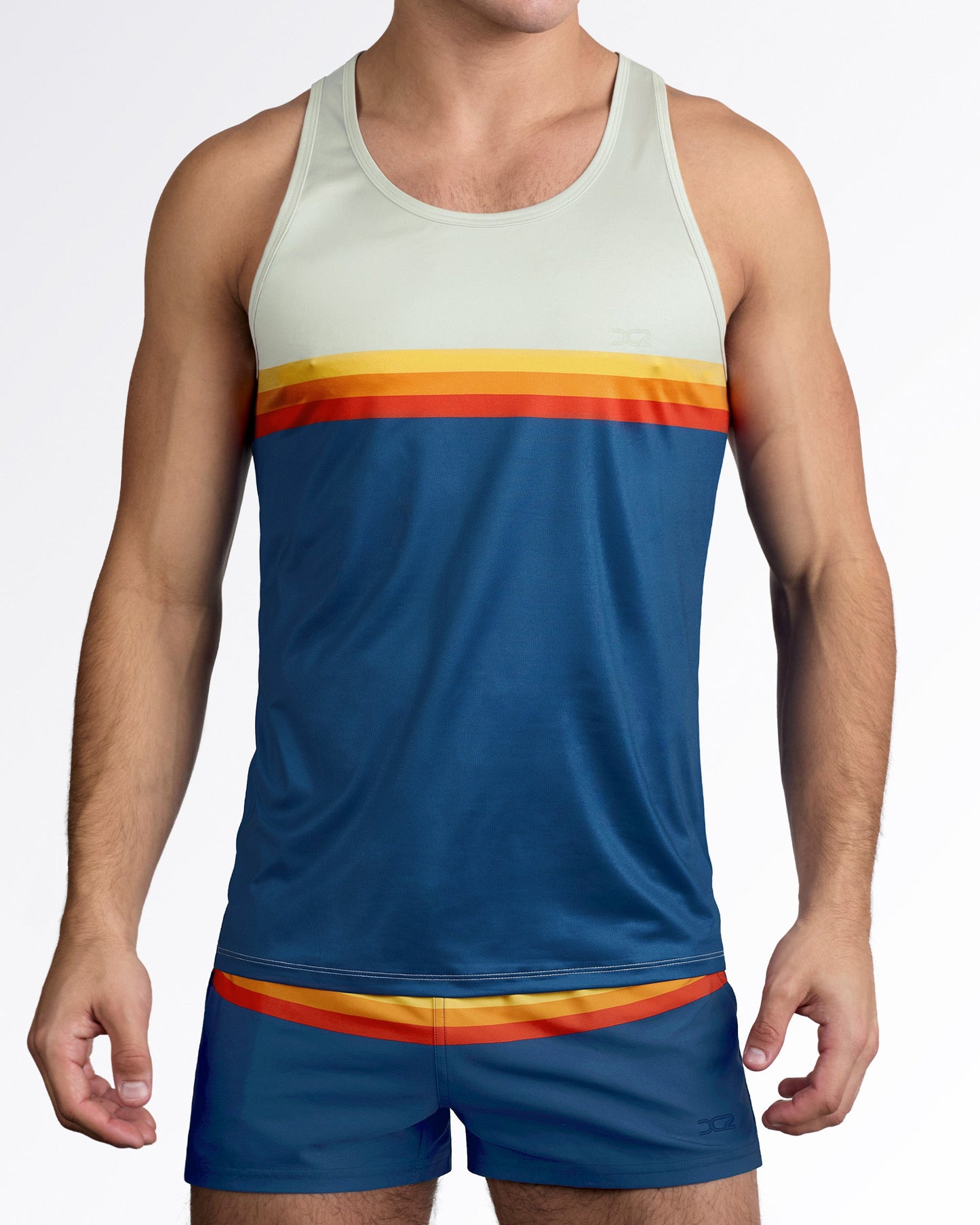 Product detail of DC2 Sunset Stripes Tank Top — styled with matching Sunset Stripes shorts, showcasing coordinated men’s summer beachwear set with bold horizontal stripe placement.