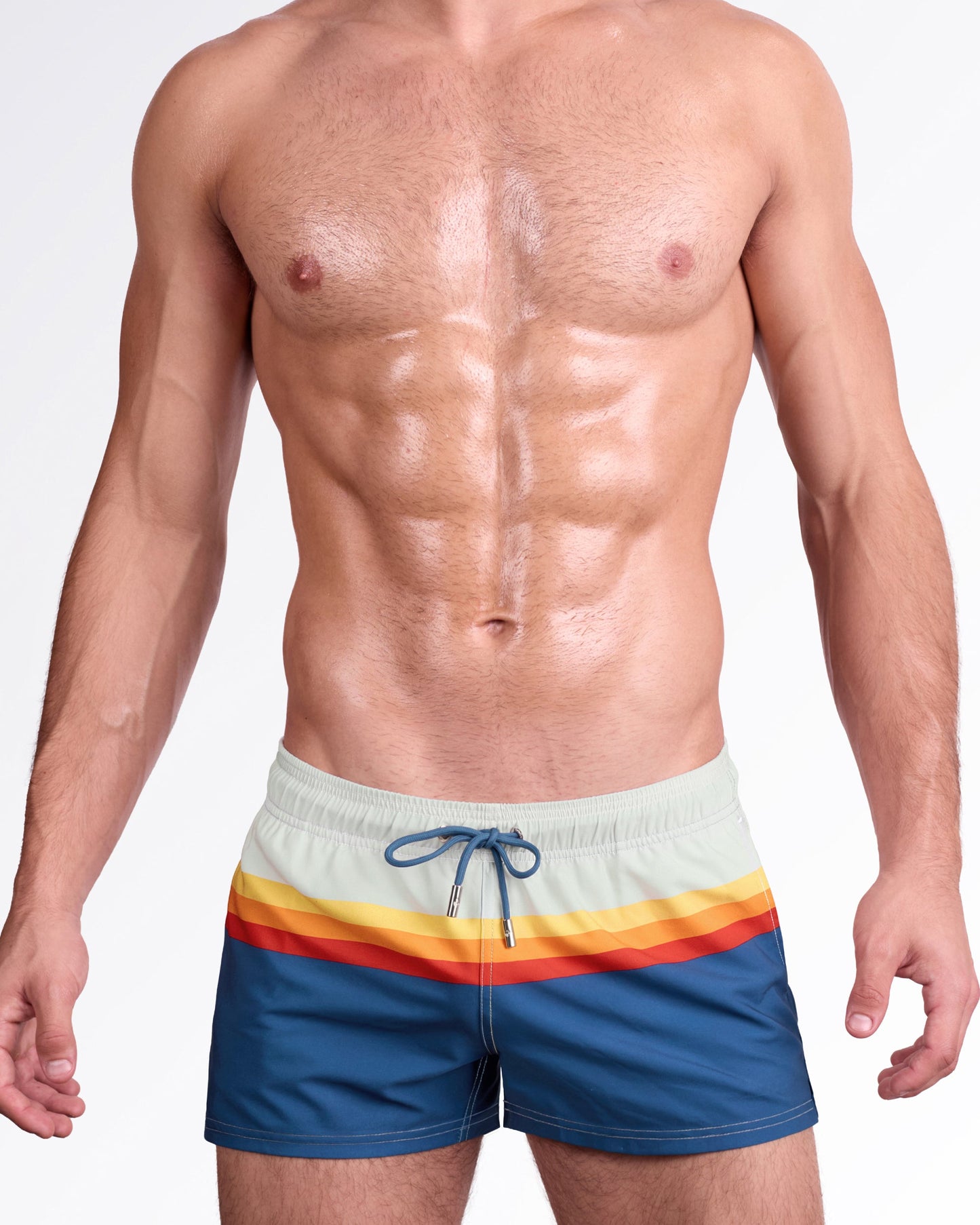 DC2 Sunset Stripes Poolside Shorts — model wearing Sunset Stripes Poolside Shorts featuring a color-block design with soft sage green, warm sunset stripes, and deep blue swim fabric.